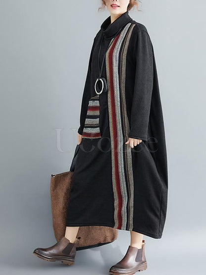 Casual Striped High-neck Midi Dress