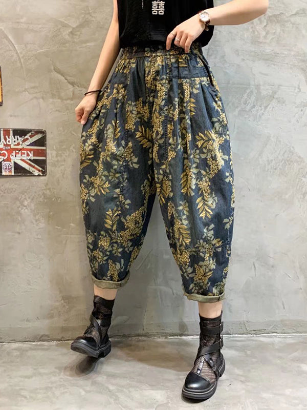 Vintage High-Waisted Floral Printed Harem Jean Pants Bottoms