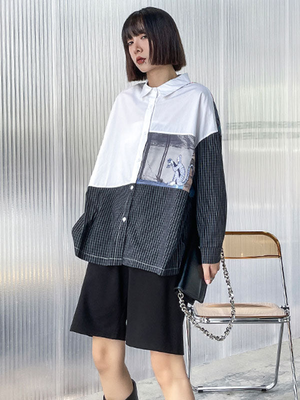Stylish Cartoon Printed Plaid Split-Joint Lapel Collar Long Sleeves Blouse