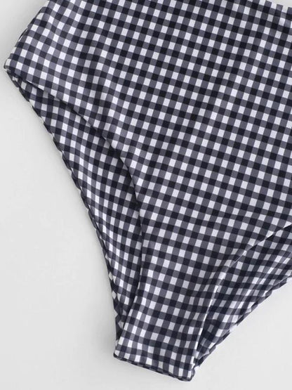 Ruffle High Waisted Stripe Plaid Bikini Swimsuit
