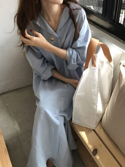 Simple Loose Casual Solid Color Buttoned Split-Side Lapel Collar Long Sleeves Midi Shirt Dress