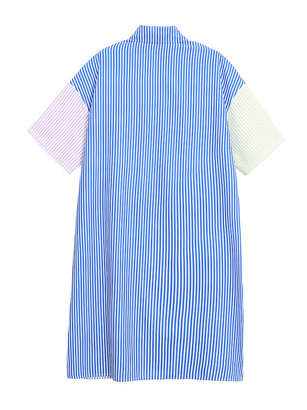 Original Striped Cartoon Portrait Printed Buttoned Lapel Collar Half Sleeves Midi Shirt Dress