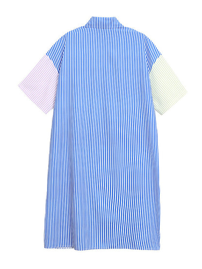 Original Striped Cartoon Portrait Printed Buttoned Lapel Collar Half Sleeves Midi Shirt Dress