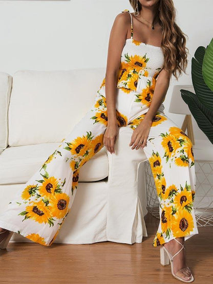 Sunflower Printed Spaghetti-neck Jumpsuits