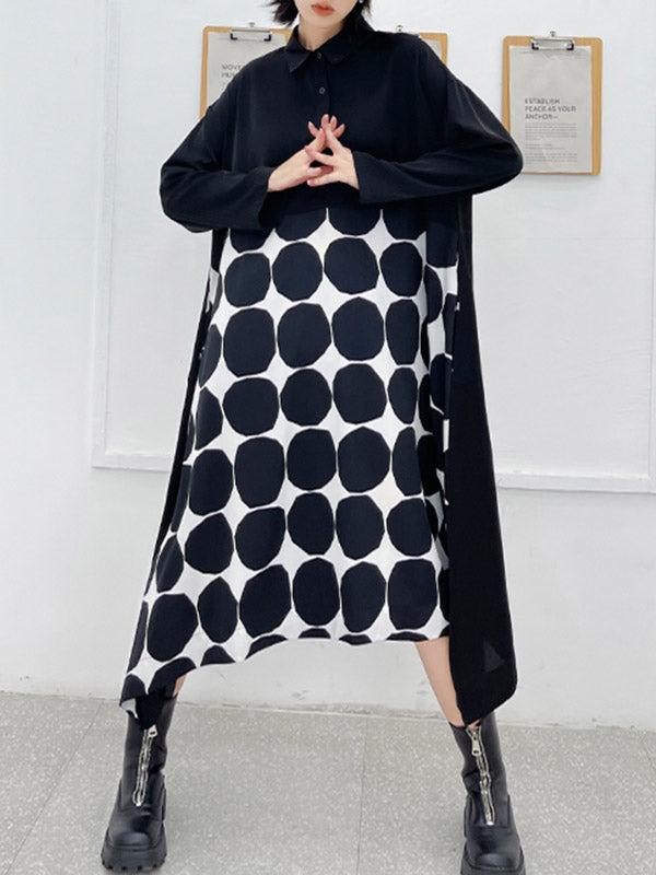 Stylish Irregular Polka-Dot Spit-Joint Buttoned Lapel Collar Long Sleeves A-Line Midi Shirt Dress