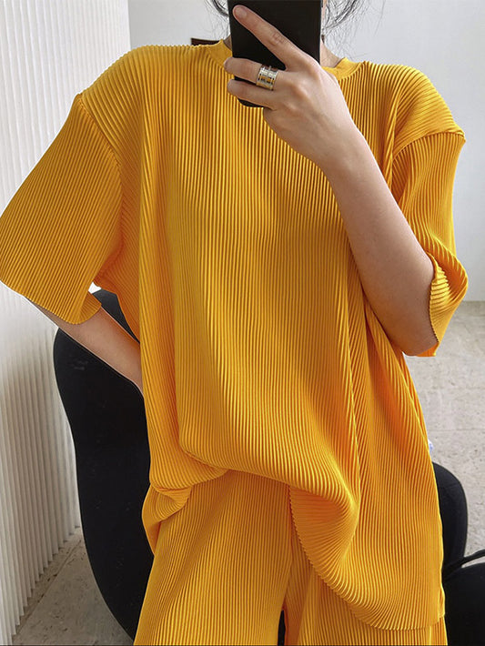 Simple Solid Color Plaited Short Sleeves T-Shirts