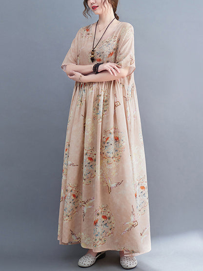 Artistic Retro Loose Floral Printed Pleated Half Sleeves Midi Dress