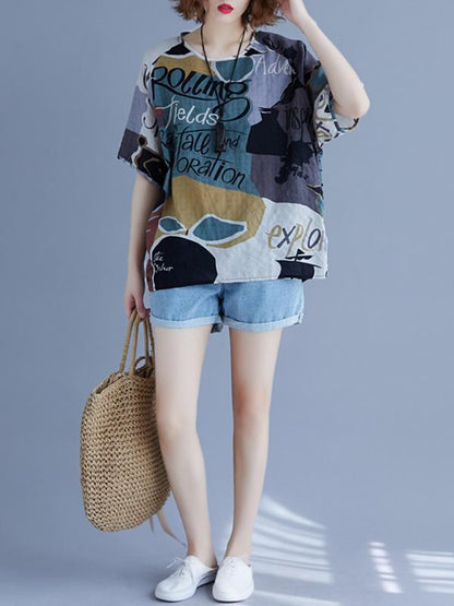 Vintage Printed Letter Round-neck T-Shirt