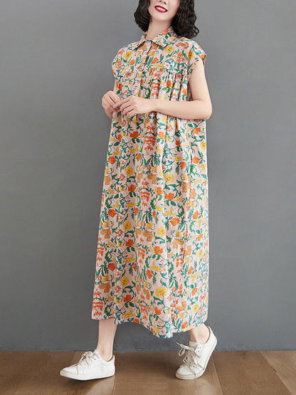 Artistic Retro Floral Printed Pleated Buttoned Lapel Collar Short Sleeves Midi Dress