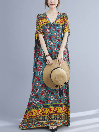Vacation Flower Print V-Neck Batwing Sleeve Maxi Dress