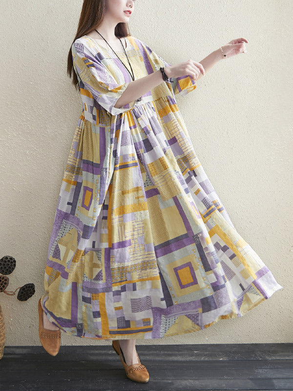 Artistic Retro Ramie Cotton Color-Block Pleated Round-Neck Half Sleeves Midi Dress