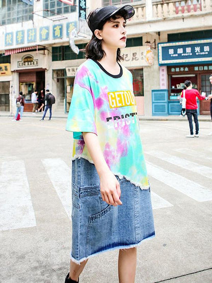 Loose Denim Fringed Split-joint Printed T-Shirt Dress