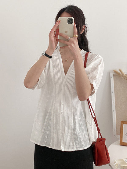 Simple Solid Color Buttoned V-Neck Short Sleeves Blouse
