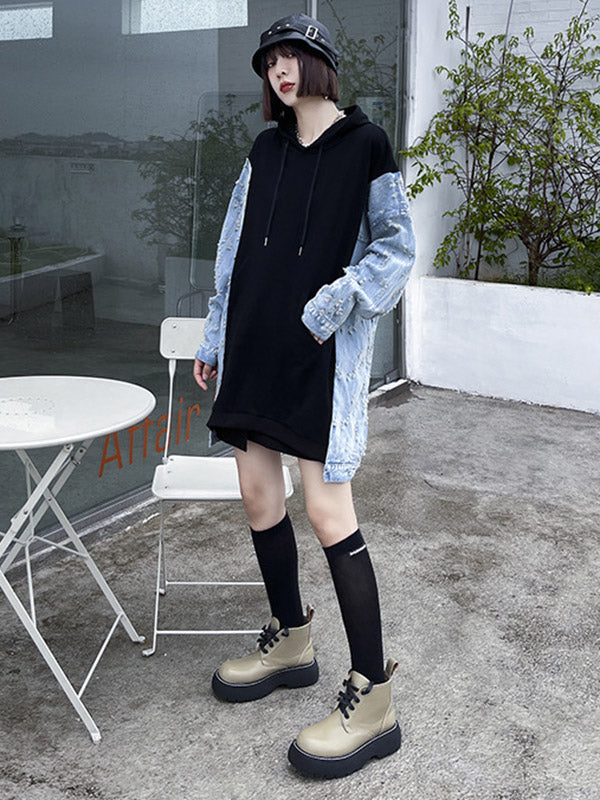 Original Stylish Loose Denim Split-Joint Hooded Long Sleeves Hoodies