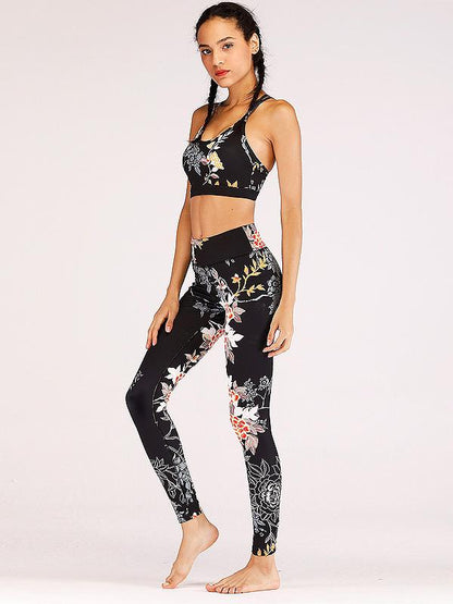 Floral Printed Spaghetti-neck Tank And Legging Yoga Suits