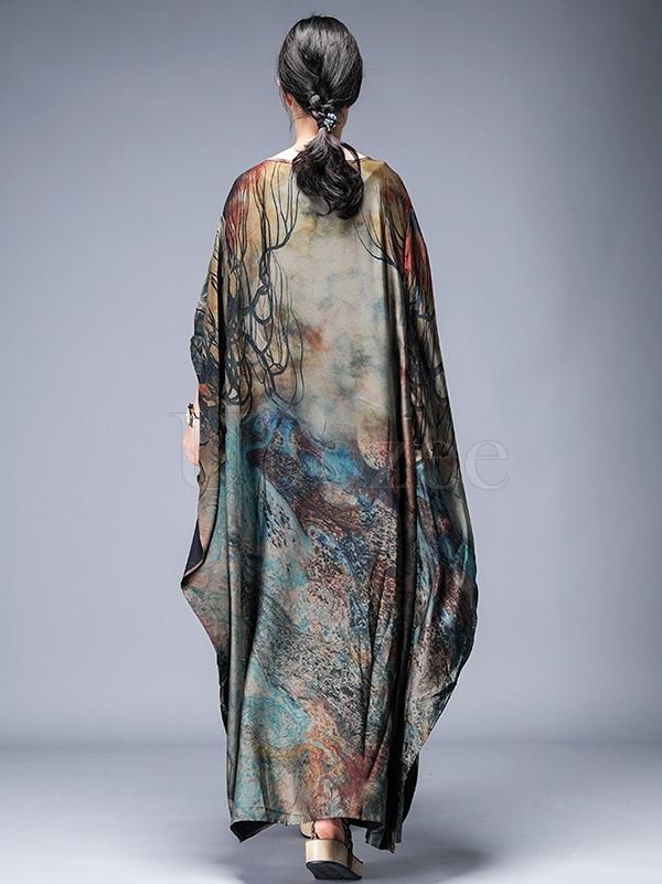 Loose Lace-up Printed Long Dress