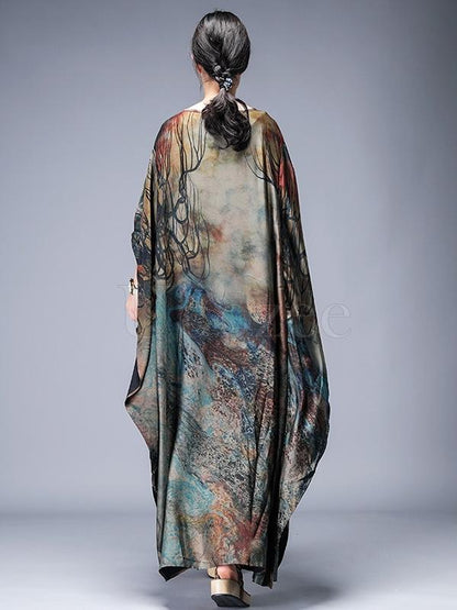 Loose Lace-up Printed Long Dress