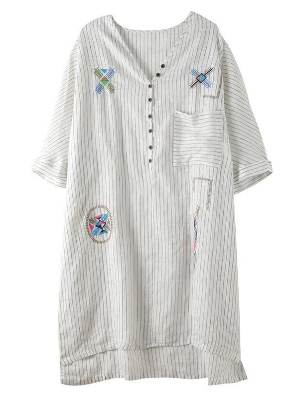Cotton Blend Embroidered V-Neck Striped Mini Dress