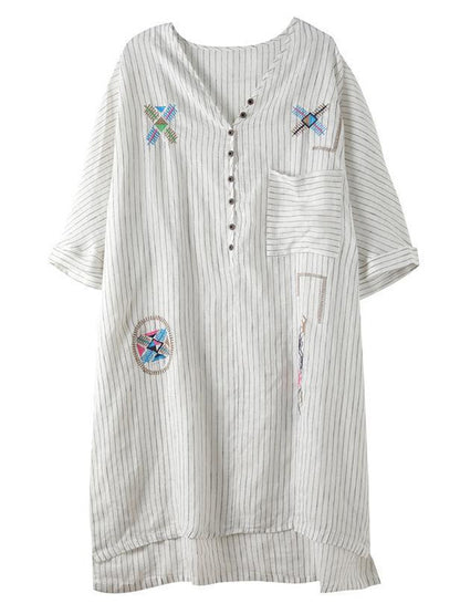 Cotton Blend Embroidered V-Neck Striped Mini Dress
