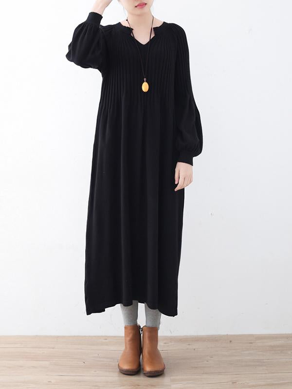 Solid Puff Sleeves Elastic Waist Sweater V-Neck Dress