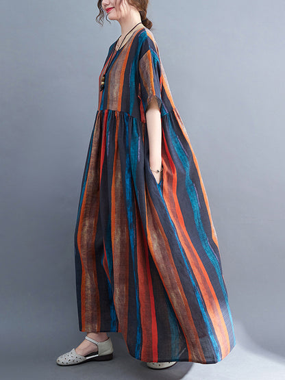 Original Loose Striped Contrast Color Pleated Midi Dress