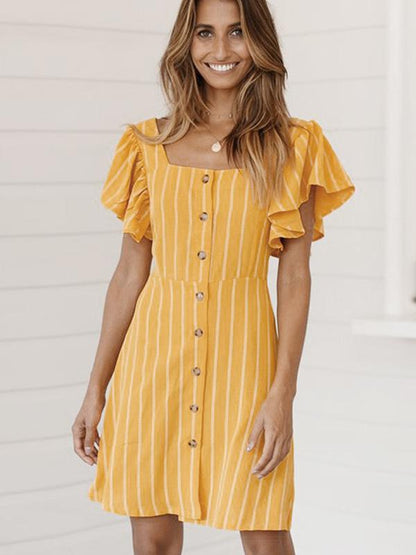 Square Collar Casual Stripped Mini Dress