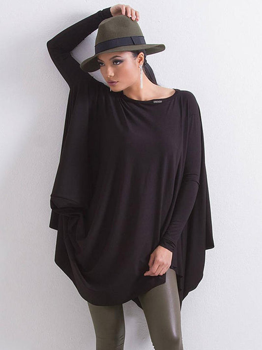 Simple Black Batwing Long Sleeve Loose Asymmetric T-Shirt