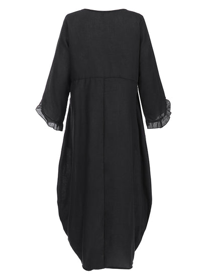 Casual Loose Solid Color Falbala Round-Neck Long Sleeves Maxi Dress