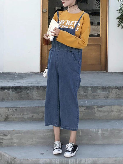 Maternity Elastic Waistband Spaghetti-neck Denim Jumpsuits