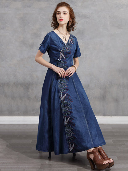 Original Asymmetric Embroidered Loose Short Sleeves Midi Dress