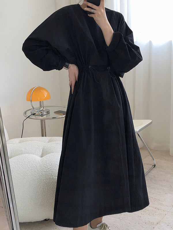 Simple Solid Color Round-Neck Pleated Long Sleeves Midi Dress