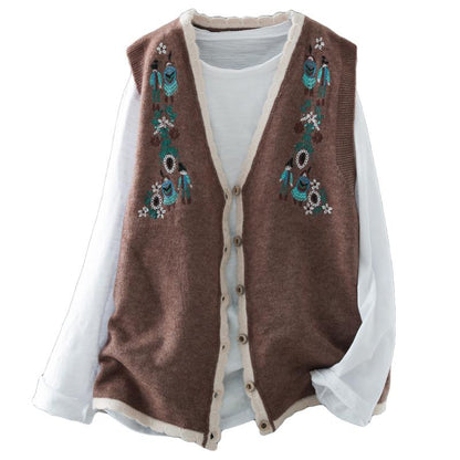 Buykud Wavy Edge Embroidery Cardigan Retro Waistcoat