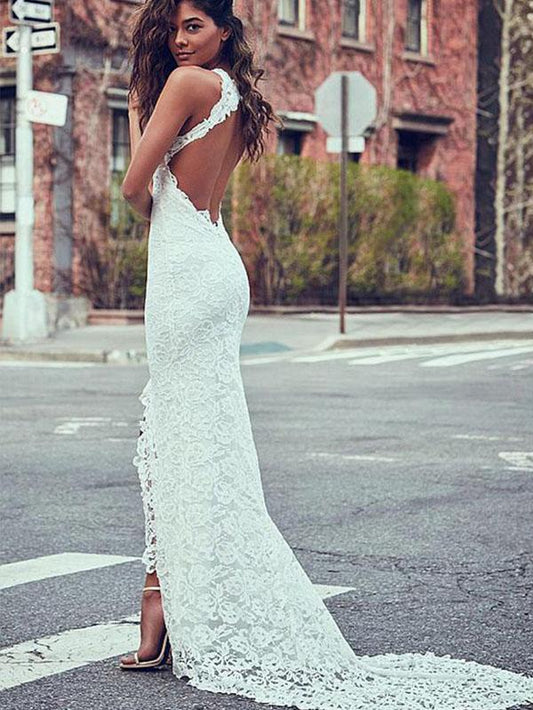 Lace White V-back Evening Dress