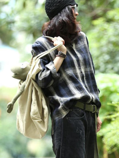 Blue Plaid Loose Linen Long Sleeve Shirt