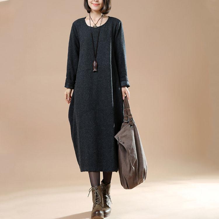 Autumn Large Size Women's Long Sleeve Wool Dark Gray Dress