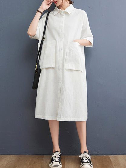 Original Solid Color With Pocket Lapel Shirt Dress