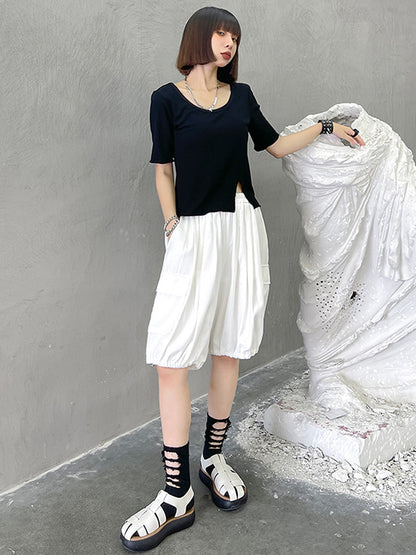 Stylish Loose Elastics High Waisted With Pocket Short Knickerbockers