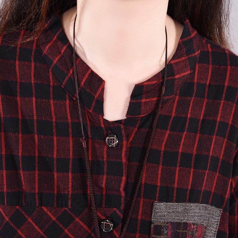 Buykud Long Sleeve Casual Plaid Patchwork Cotton Dress