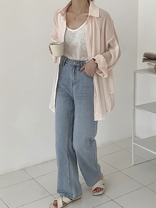 Simple Buttoned Lapel Sun Protection Long Sleeves Blouse Tops