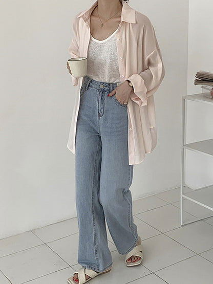 Simple Buttoned Lapel Sun Protection Long Sleeves Blouse Tops