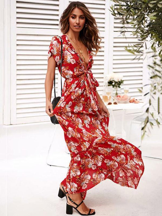 Sexy Lace-up Printed Bow-embellished Maxi Dresses
