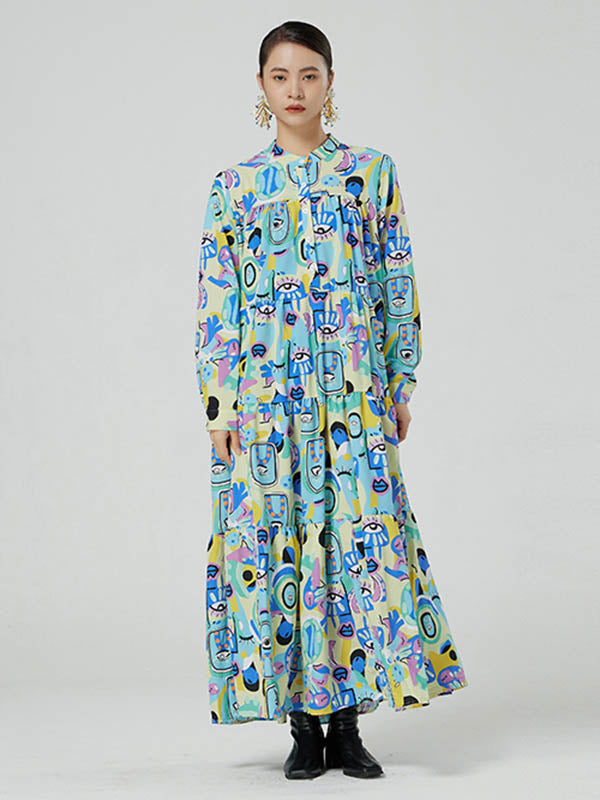 Original Abstract Printed Stand Collar Long Sleeves Midi Dress