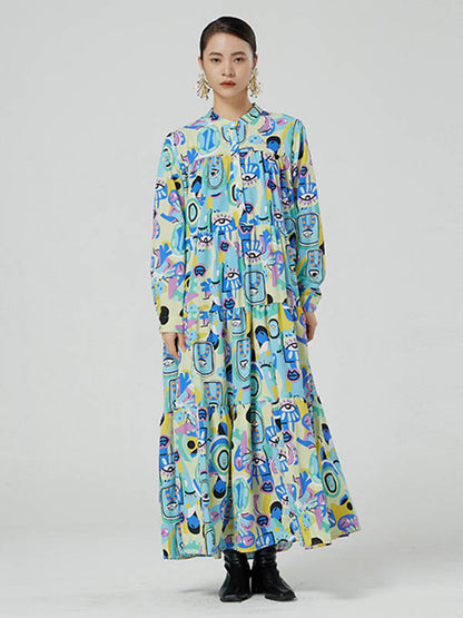 Original Abstract Printed Stand Collar Long Sleeves Midi Dress