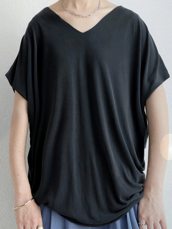 Simple Solid Color Batwing Sleeves V-Neck Shirts