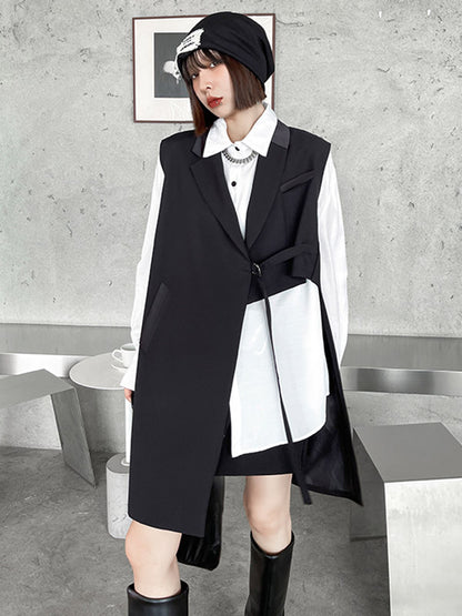 Cool Irregular Solid Color Split-Joint With Pocket Tied Notched Collar Sleeveless Vest Outwear