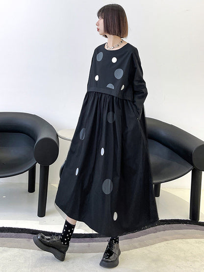 Stylish Split-Joint Pleated Polka-Dot Round-Neck Long Sleeves Midi Dress
