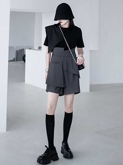 Urban Asymmetric Split-Front Solid Color Short Sleeves T-Shirt Top