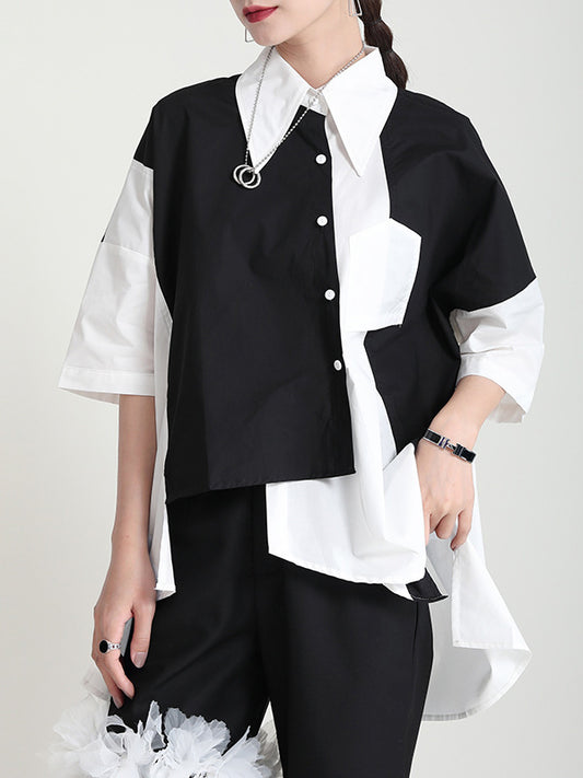 Urban Split-Joint Buttoned Asymmetric Lapel Blouses