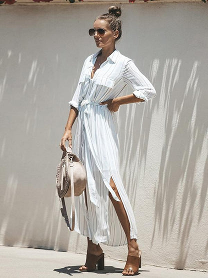 Simple Bohemia Striped Shirt Maxi Dress