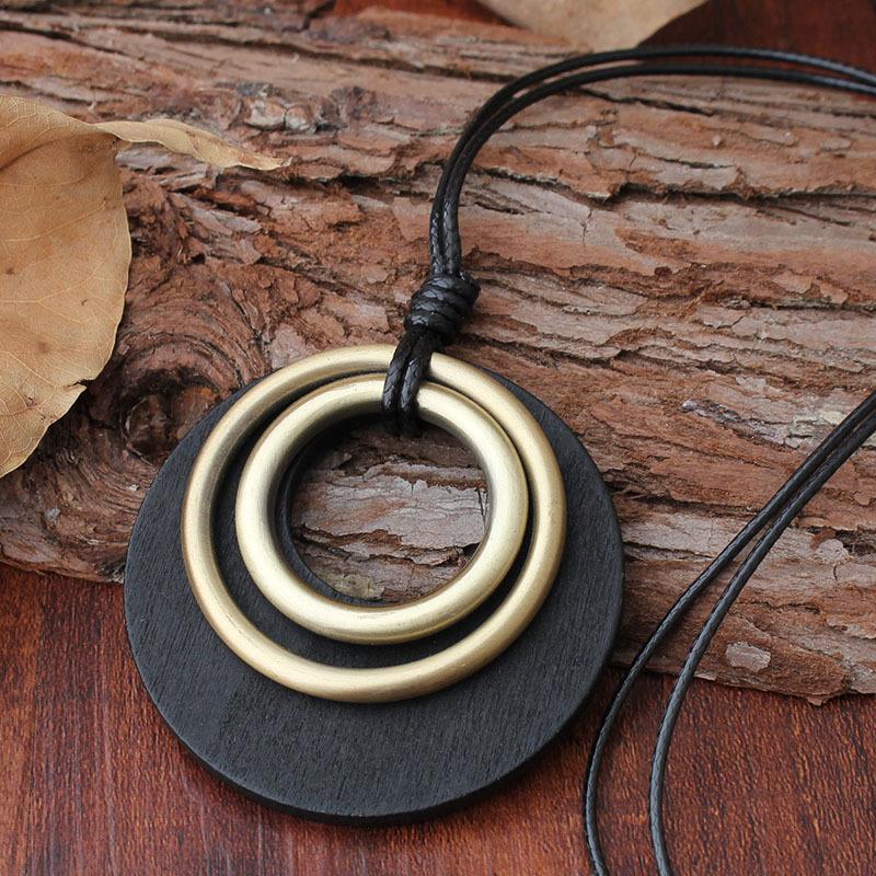 Buykud Two-Ring Pendant Long Wax Rope Necklace